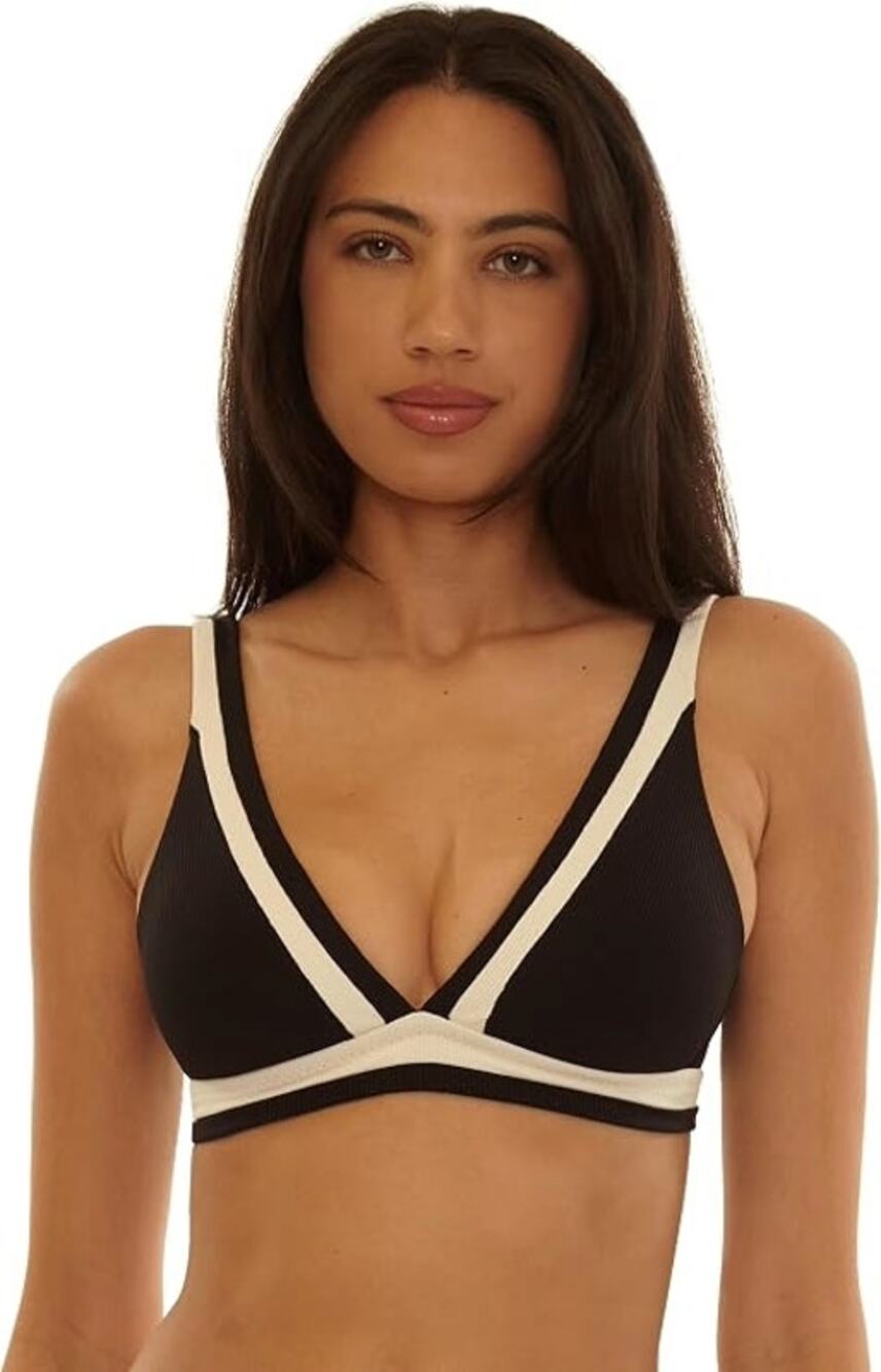 BECCA by Rebecca Virtue Women Black Rib Claire Plunge Neck Bikini Top Size M